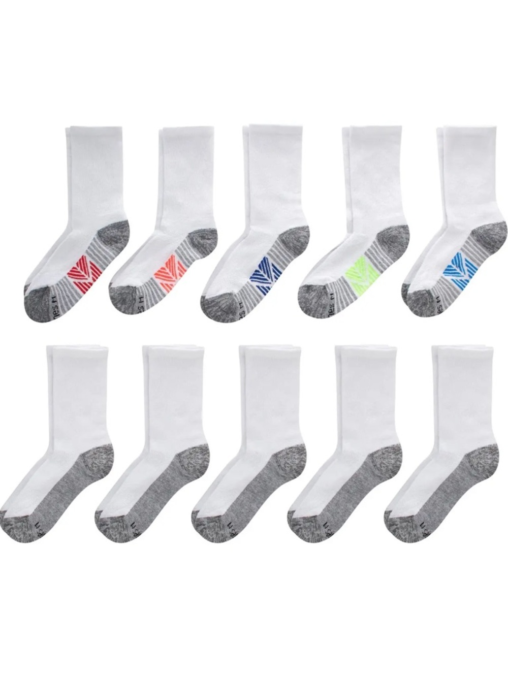 Hanes 10 pack White Crew Athletic Socks with Gray Reinforcement and Multicolor